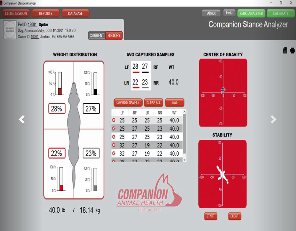 Vet software screen showing a dog’s stance and weight data